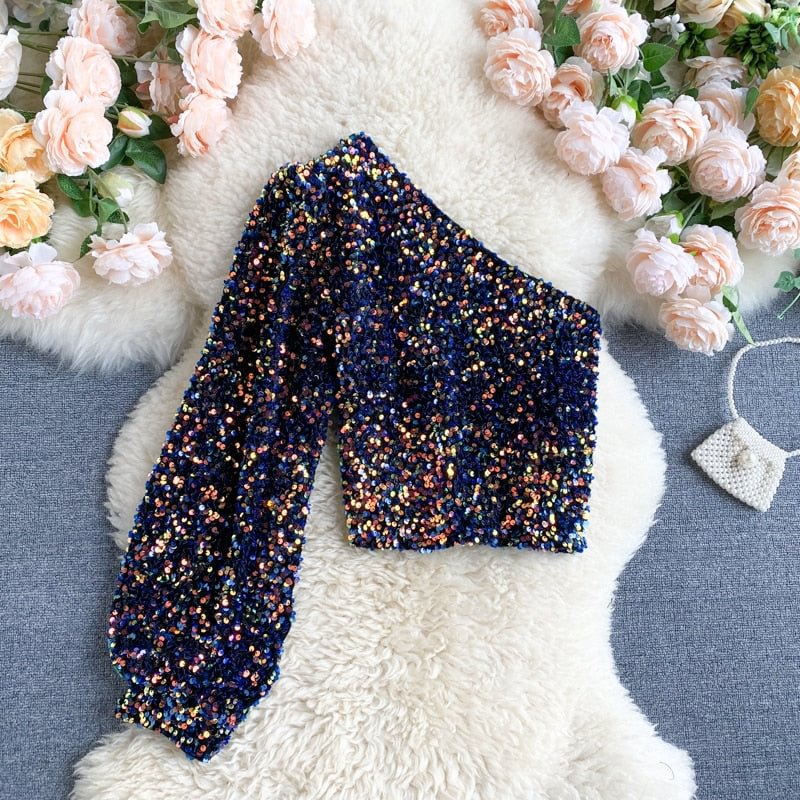 Fall 2021 New Product Oblique Collar T-shirt Strapless Unilateral Puff Sleeve Slim Fit Short Sequined Top HK102 womens clothing