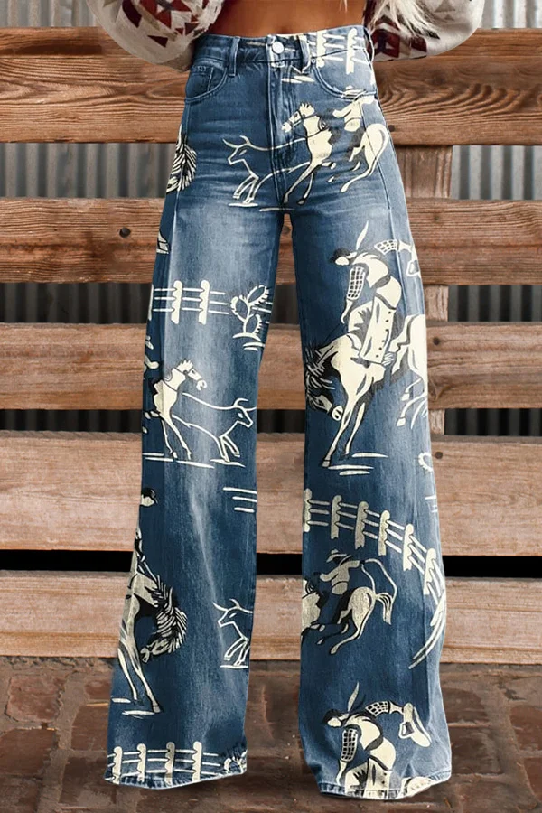 Women's pants | Vintage Cowboy Print Casual Wide Leg Pants