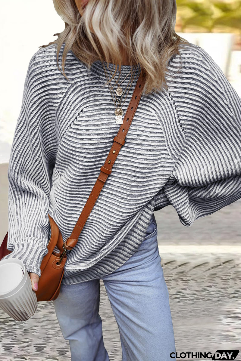 Casual Daily Stripe Texture Contrast O Neck Sweaters(6 Colors)