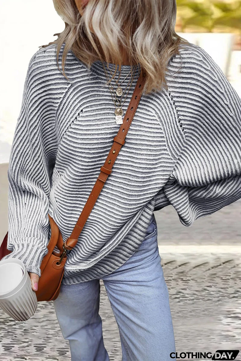 Casual Daily Stripe Texture Contrast O Neck Sweaters(6 Colors)