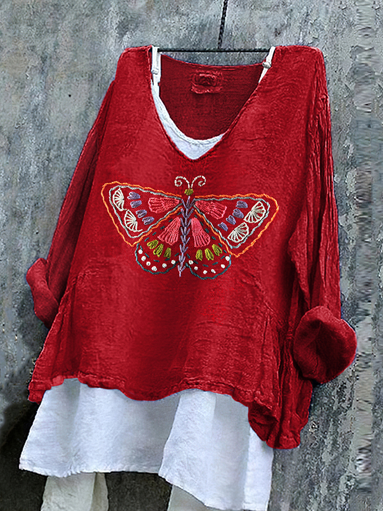 Comstylish Women's Butterfly Embroidery Art Linen V-neck Shirt