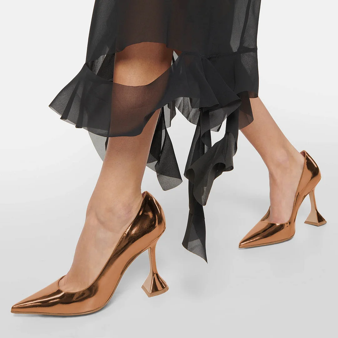 Simple Tan Metallic Finish Flared Heel Pointed Toe Pumps Shoes