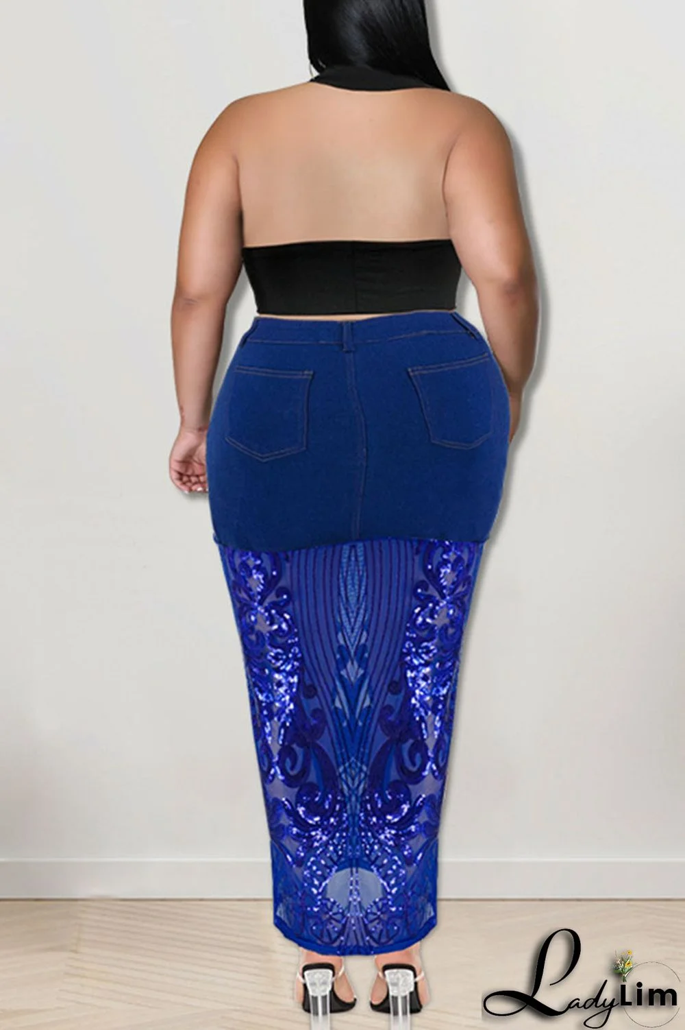 Deep Blue Sexy Solid Embroidered Sequins Patchwork High Waist Denim Skirts
