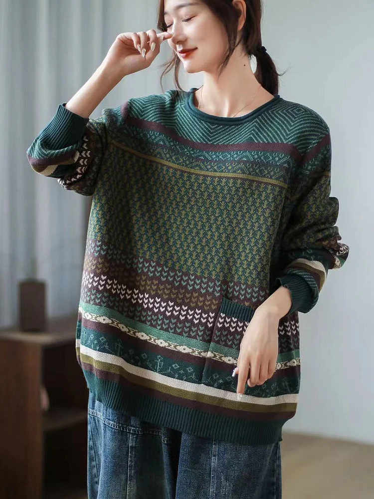 Women Autumn Spliced Casual Loose Sweater