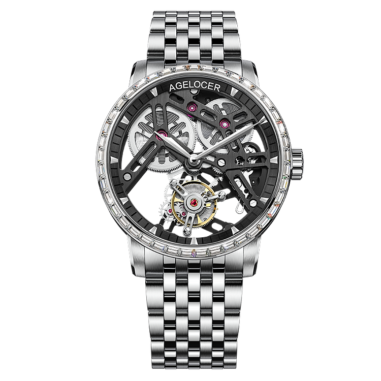 Agelocer Tourbillon Men's Hollow Mechanical Watch - Steel Strap Diamond Watch