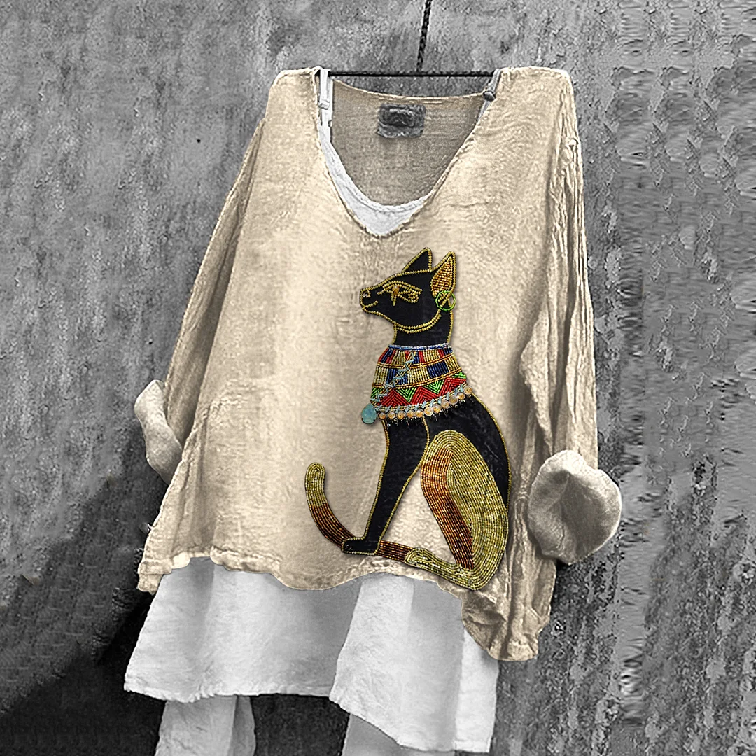 Women's Vintage Ancient Egyptian Cat Embroidered Linen Flowy Shirt