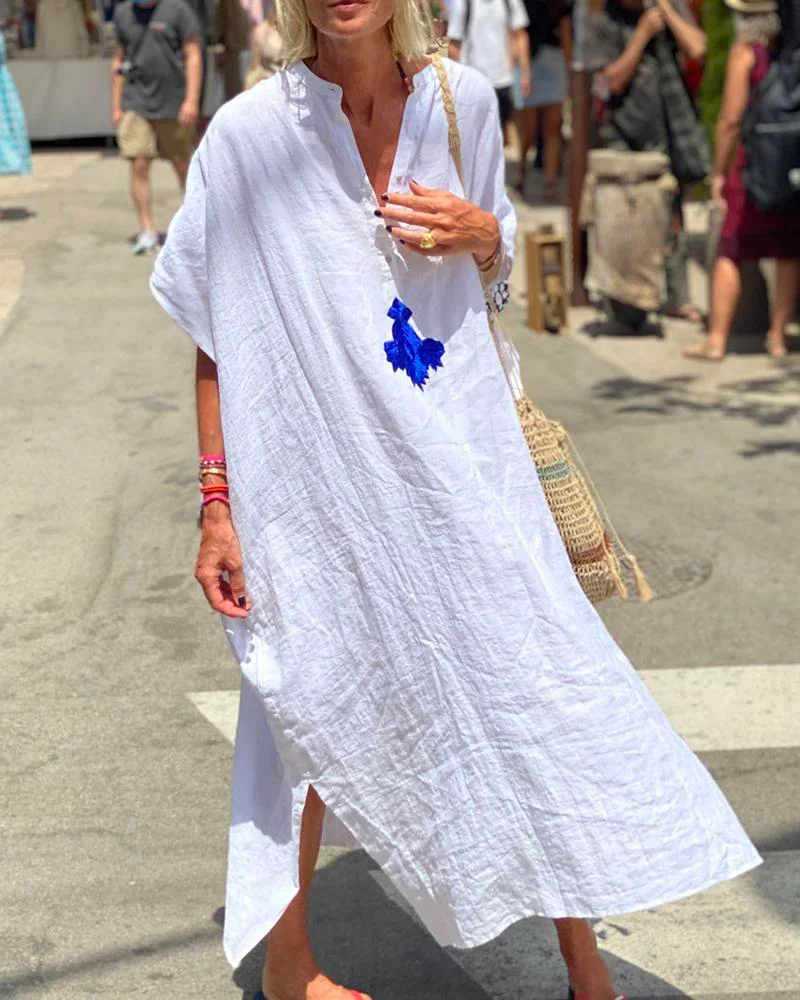 Women's Cotton Linen Simple Shirt Dress-092003