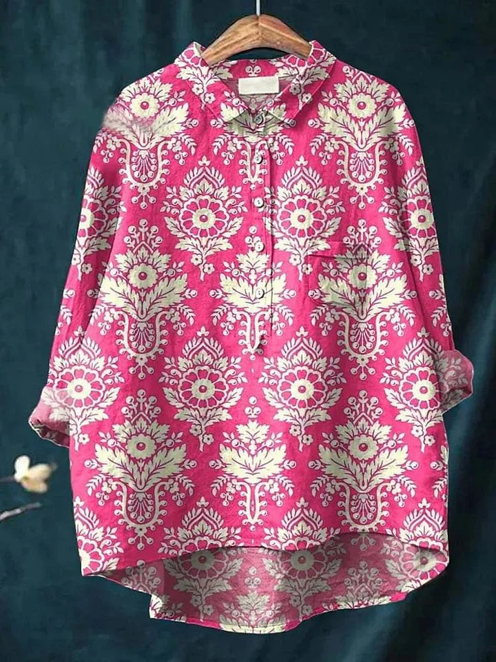 Vintage Geometric Pattern Printed Women's Casual Cotton And Linen Shirt