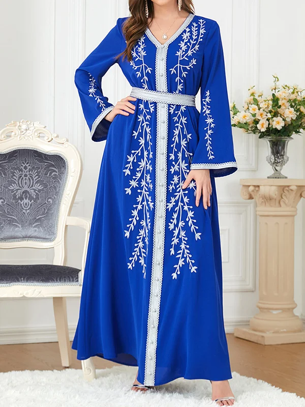 Belted Embroidered Split-Joint A-Line Long Sleeves V-Neck Maxi Dresses