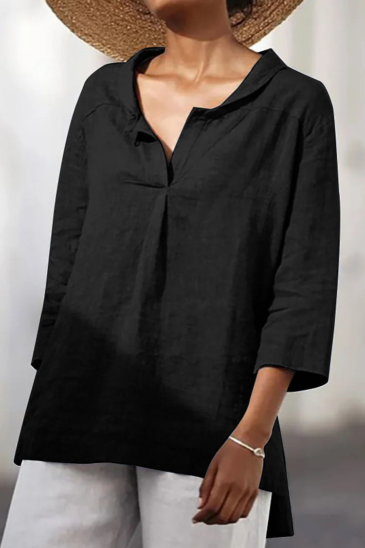 Asymmetric Hem V Neck Half Sleeve Linen Shirt