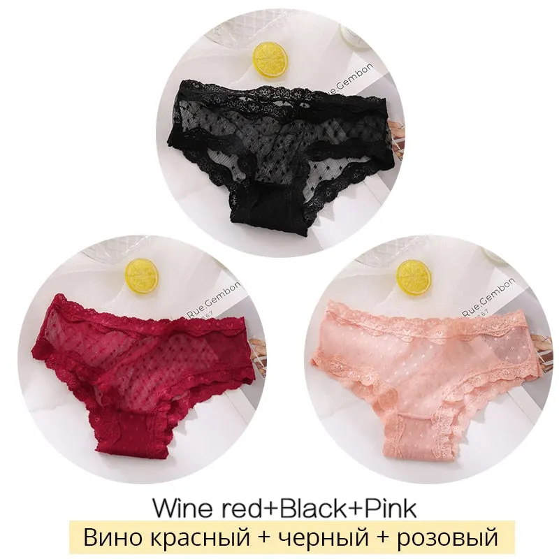 FINETOO Sexy Lace Thongs Women 3Pcs/set Transparent G-string Panties Dots Lace T-back Underwear Fashion Female Underpants M-XL