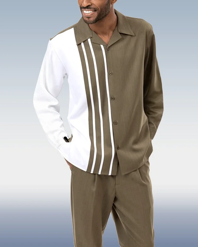 Suitmens Olive Stripe Colorblock Walking Set 2-Piece Long Sleeve Set