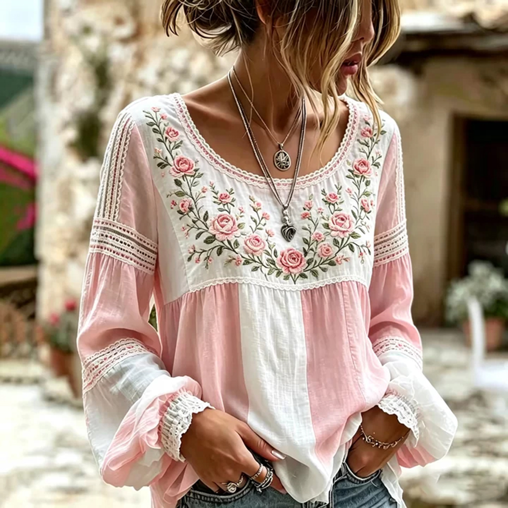 Women's Retro Rose Art Embroidery Color Block Comfortable Cotton Linen Long Sleeve Top artswardrobe