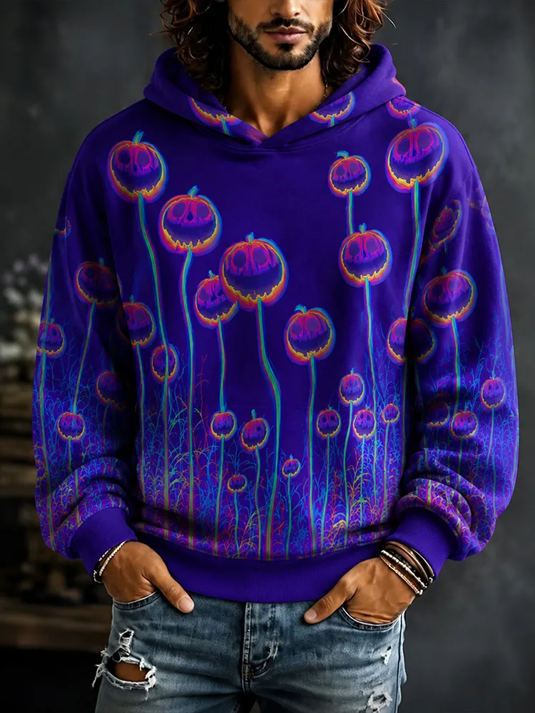 Men's Purple Psychedelic Neon Glowing Pumpkin Flower Halloween Hoodie artswardrobe