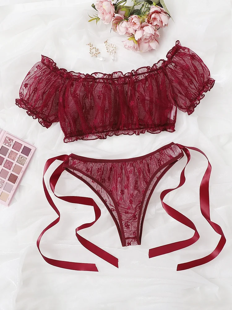 Ditsy Floral Mesh Sheer Lingerie Set