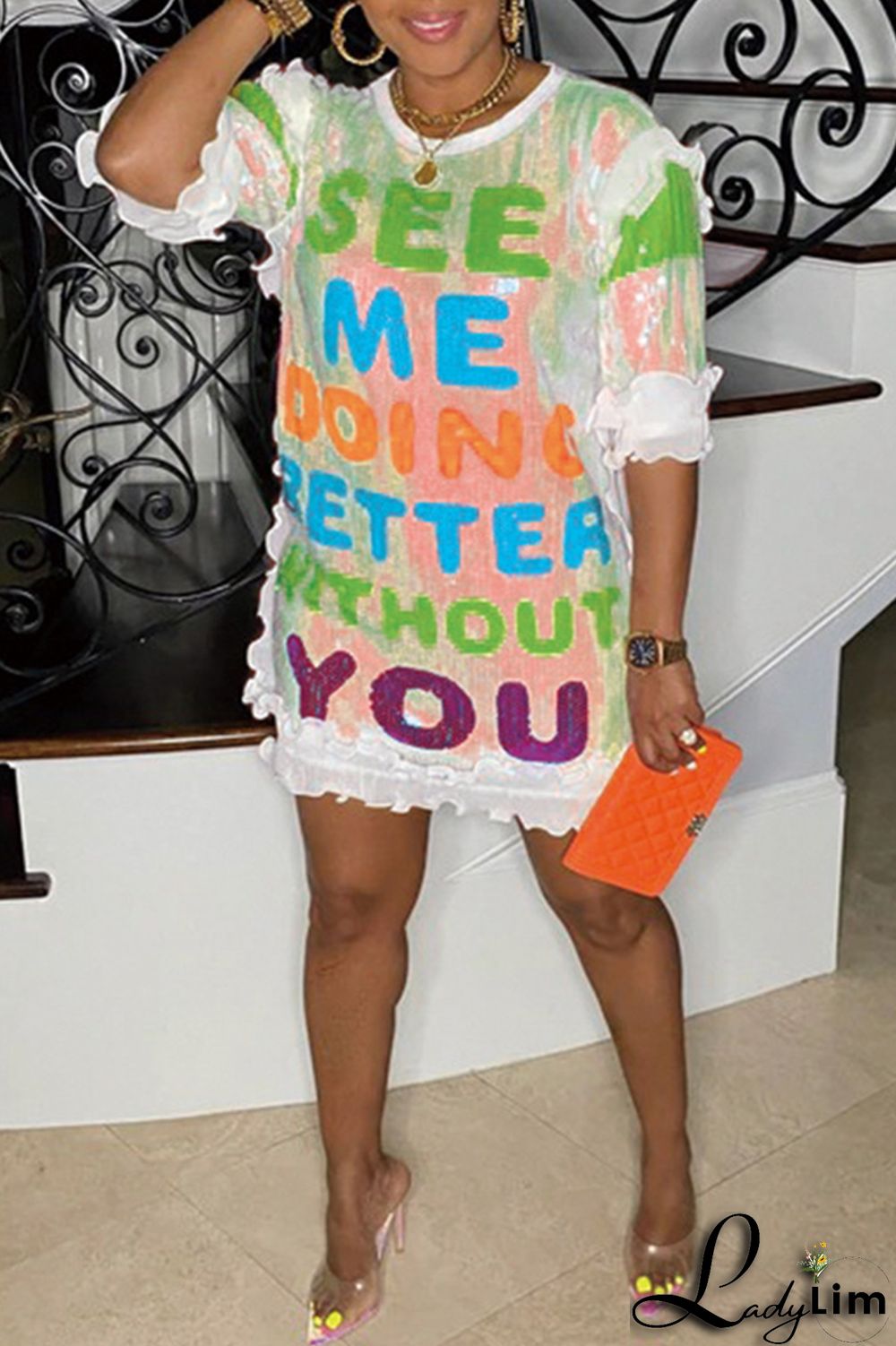 Black Fashion Casual Letter Print Sequins Patchwork O Neck Dresses