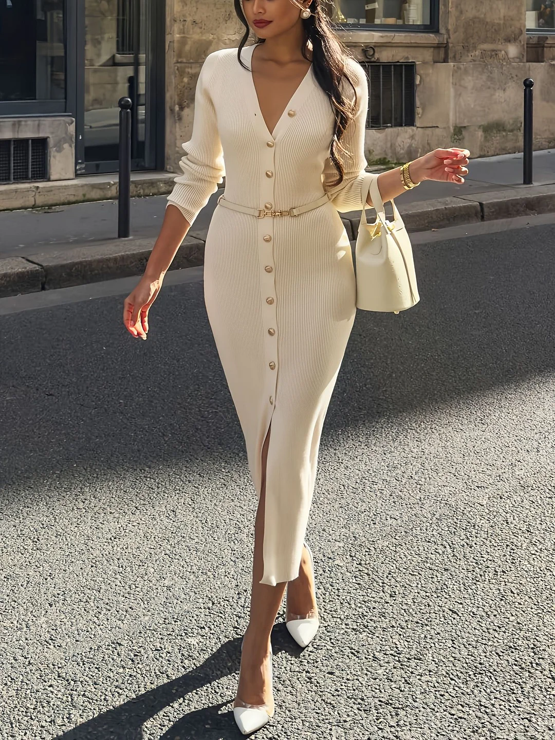 Nigikala Nigikala Women's Delicate High-End Front Buckle With Belt Knitted Dress