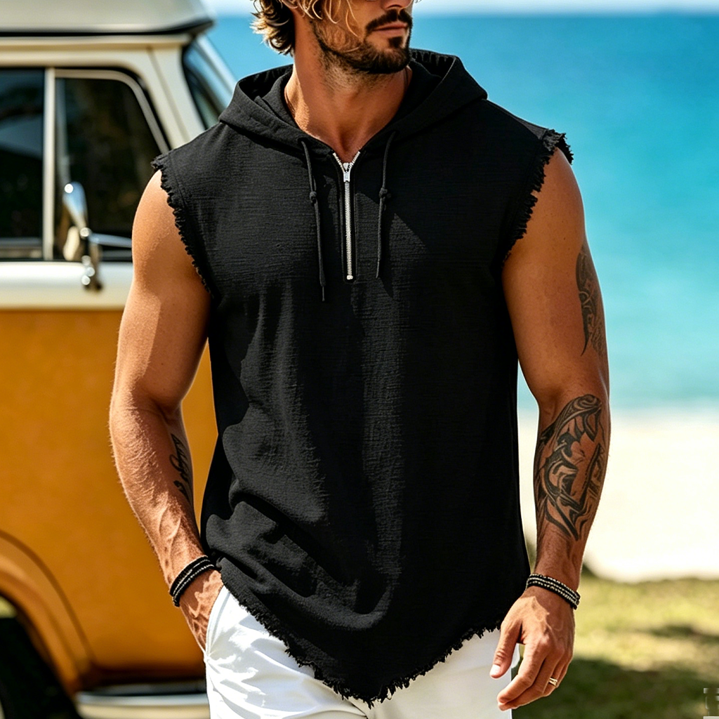 Men's Casual Zip-Up Cotton Blend Sleeveless Hoodie Tank Top With Frayed Hem And Drawstring Hood Avantcool