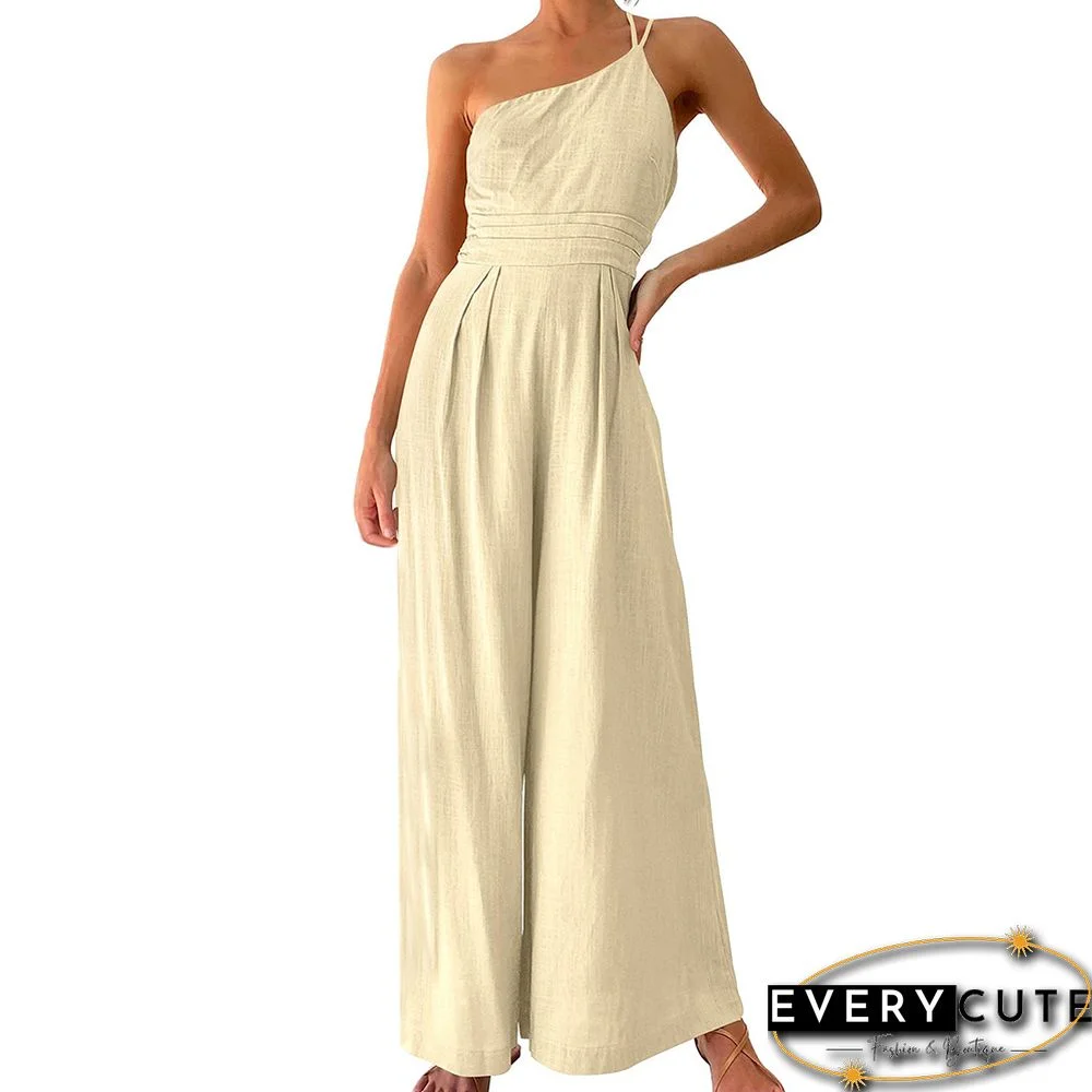 Off White One-shoulder Pocketed Wide Leg Jumpsuit