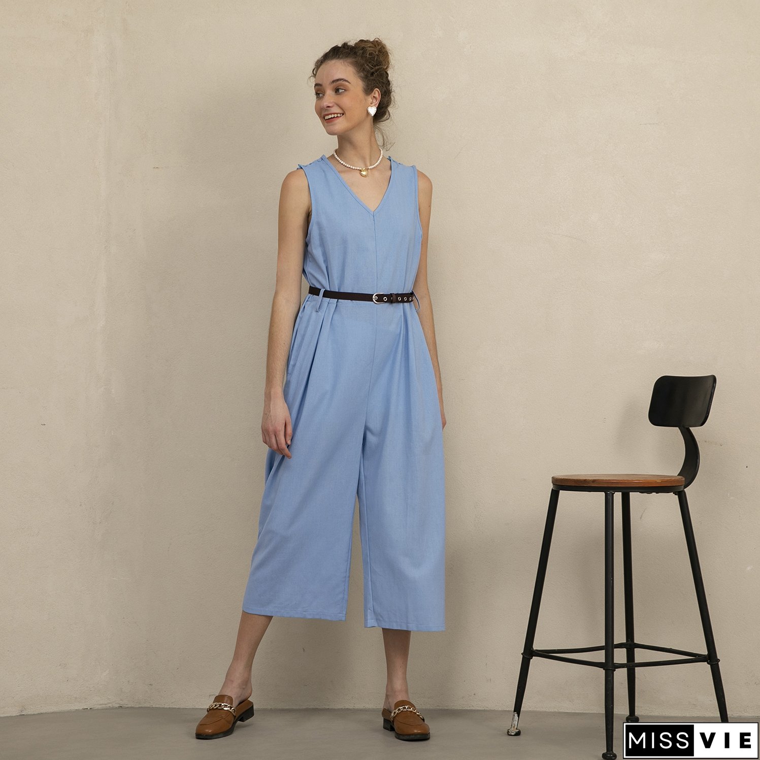 Women's Sleeveless V-Neck Cotton Linen Jumpsuit