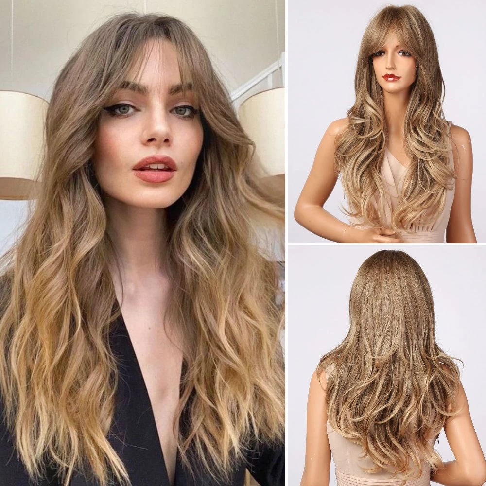 Beauty Wig Golden Long Curly Hair Eight Character Bangs Big Wave Gradient High Temperature Silk Wig - VSMEE