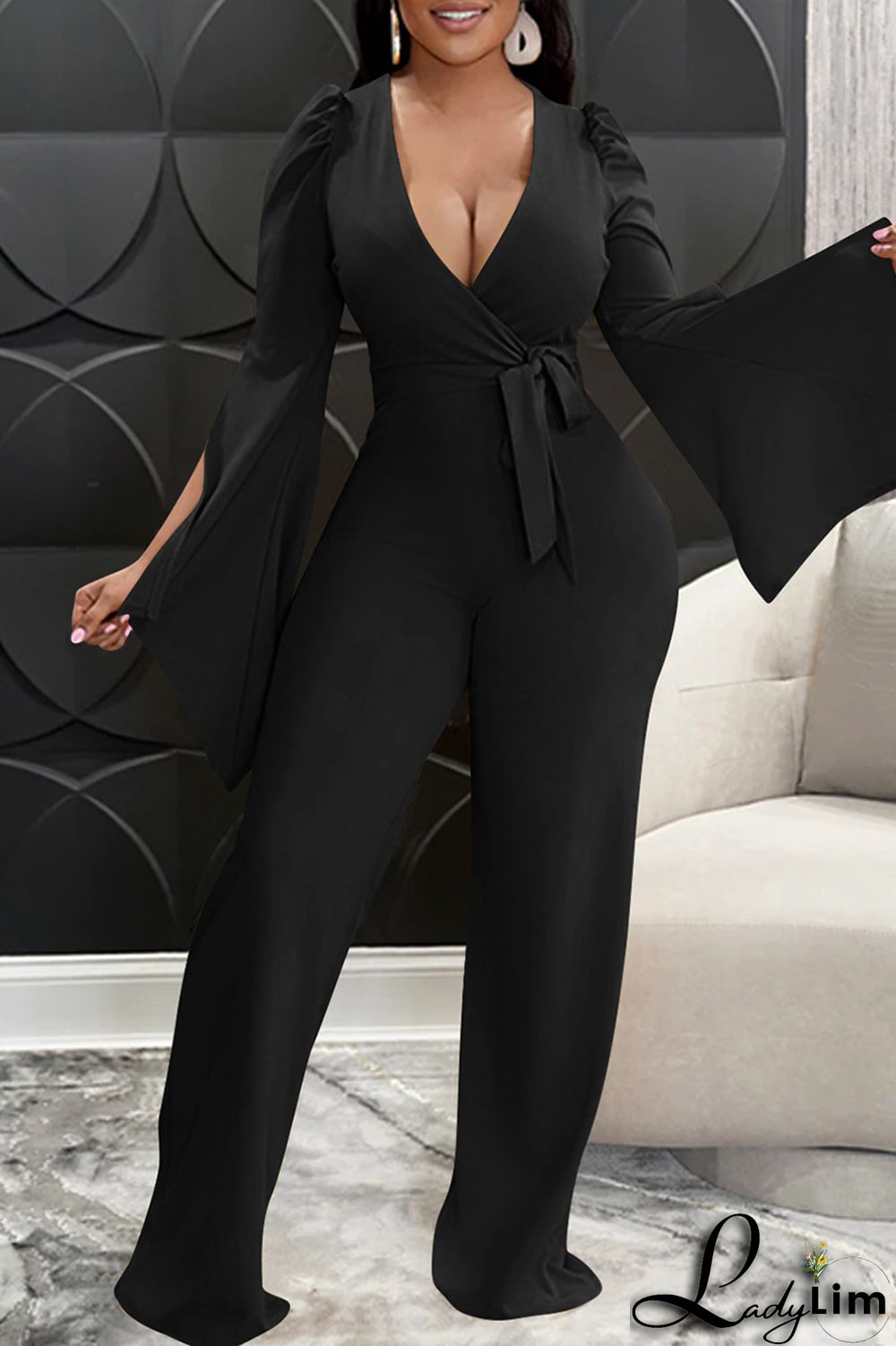 Blue Fashion Casual Solid Bandage Slit V Neck Regular Jumpsuits