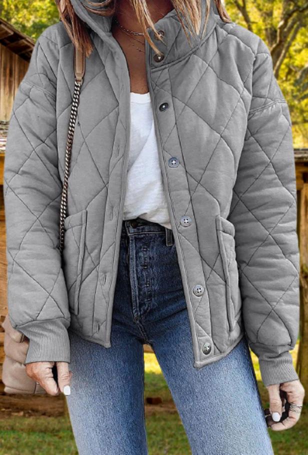 Rotimia Women's Quilted Jacket Casual Stand Collar Button Coat