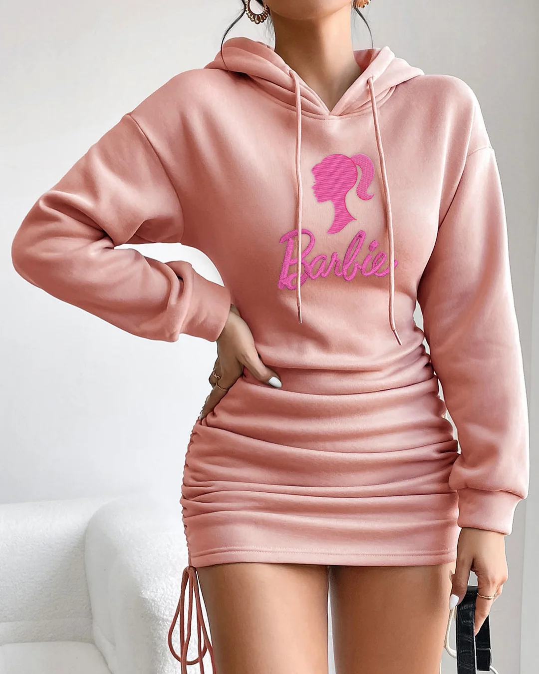 Embroidery  Barbie Girl Drawstring Side Ruched Hoodie Dress