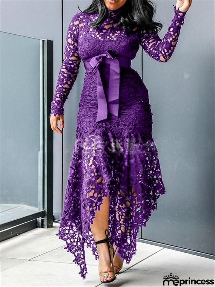 Stunning Waist Tie Lace Design Asymmetric Hem Dress for Prom