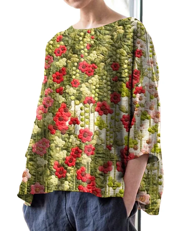 Vintage Floral Embroidery Print Round Neck Linen Loose Top