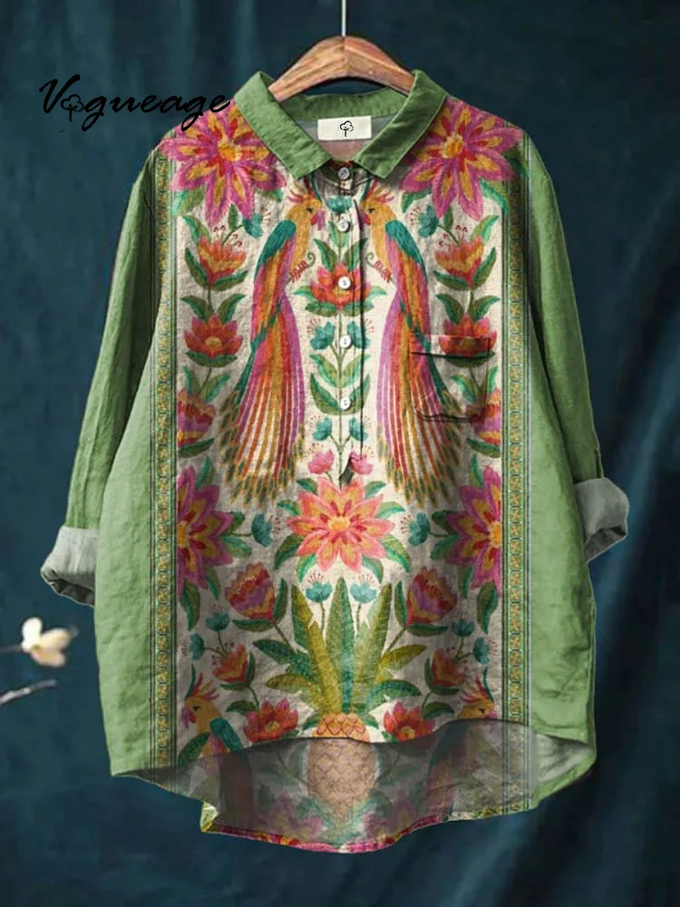 Art Flowers Peacock Pineapple Printed Cotton And Linen Shirt