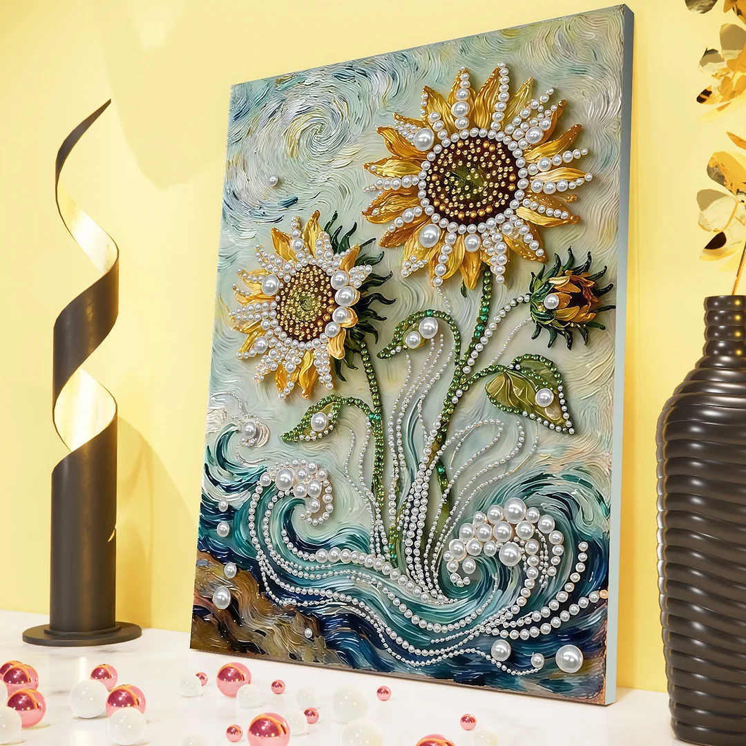 Sunflower DIY Pearl Diamond Art Painting Kit with Frame 11.81x15.75in Home Decor