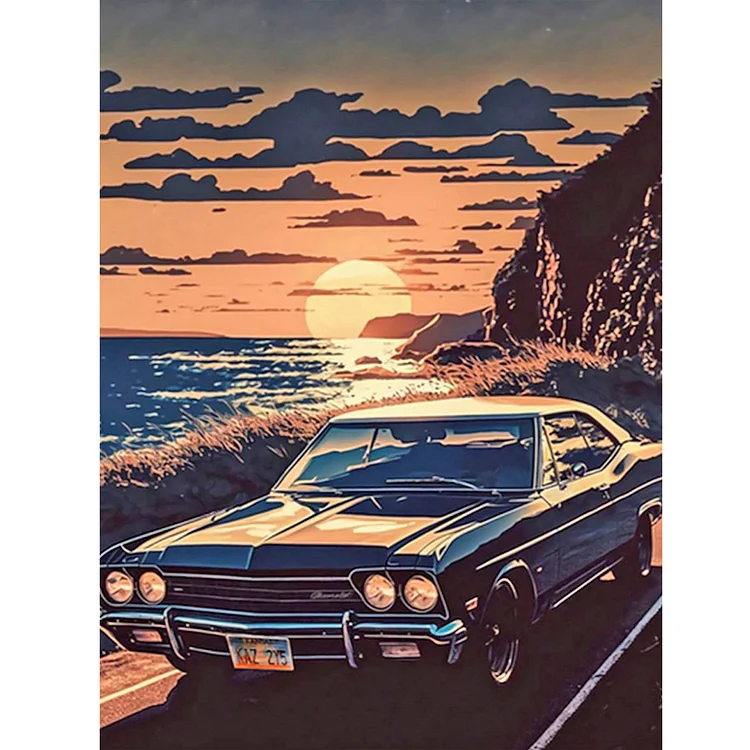 Cars Travelling by The Sea - Full Round - Diamond Painting (30*40cm)
