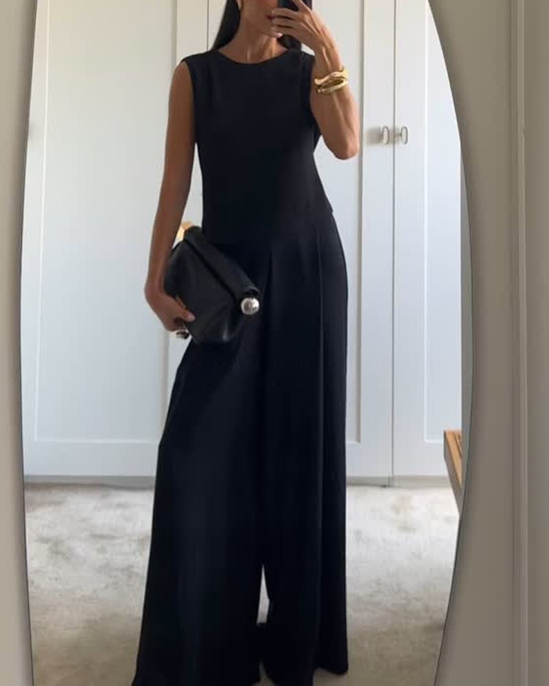 Design Solid Color Sleeveless Top & Wide Leg Pants Two-Piece Set