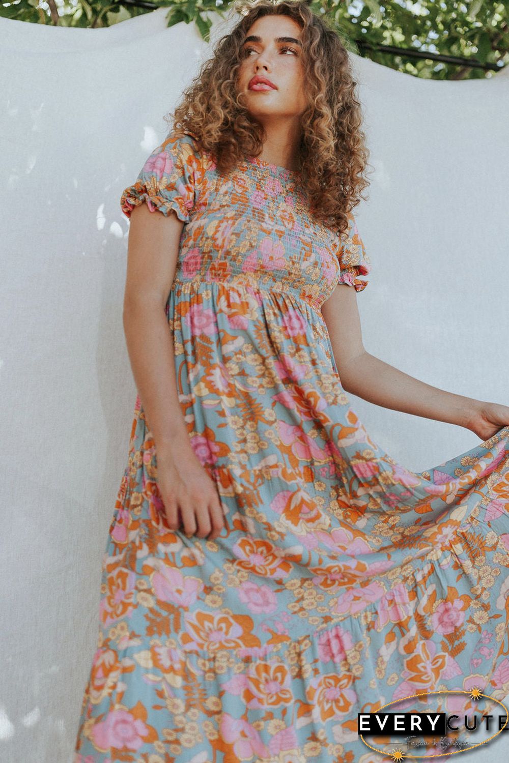 Sky Blue Floral Bubble Sleeve Smocked Flowy Ruffle Dress