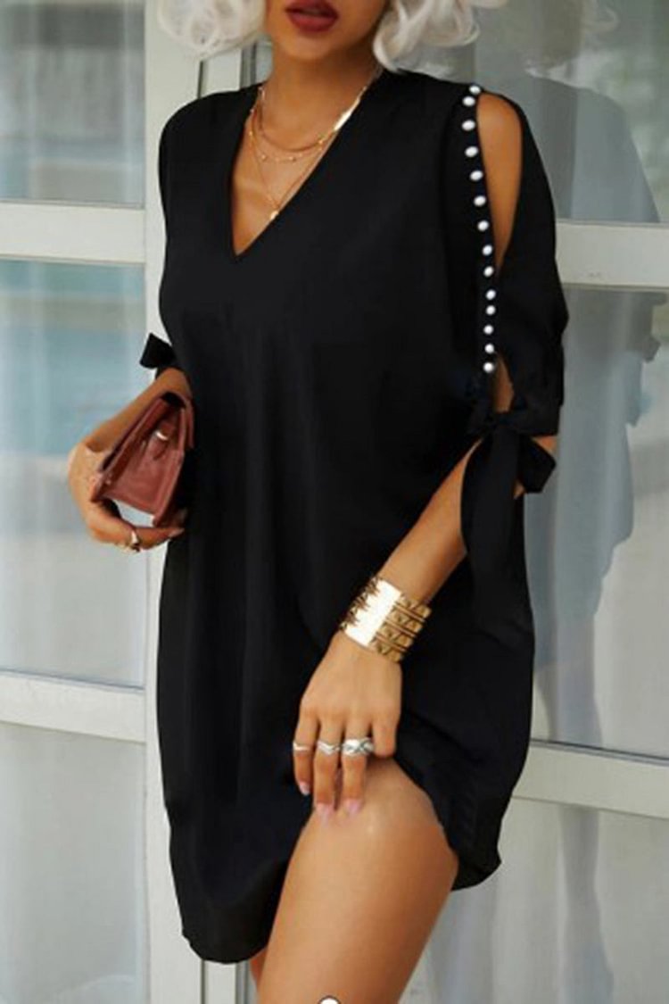 Xpluswear Plus Size Casual Cold Shoulder V Neck Pearls Summer Sun Mini Dress