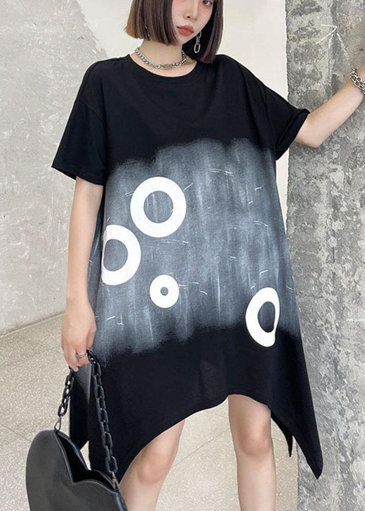 Modern Black Circle Asymmetric Cotton Dresses Short Sleeve