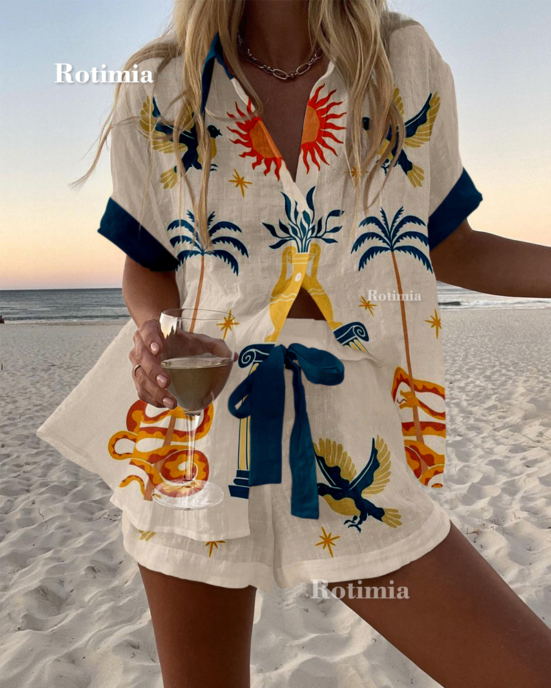 Vintage Printed Shirt & Shorts Two-Piece Set