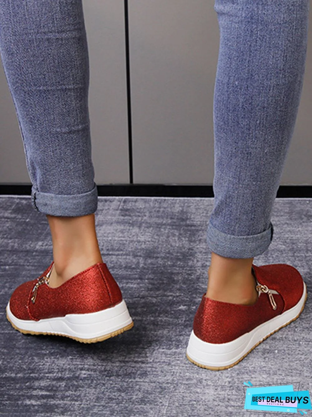 Lightweight Soft Sole Zip Glitter Casual Sneakers