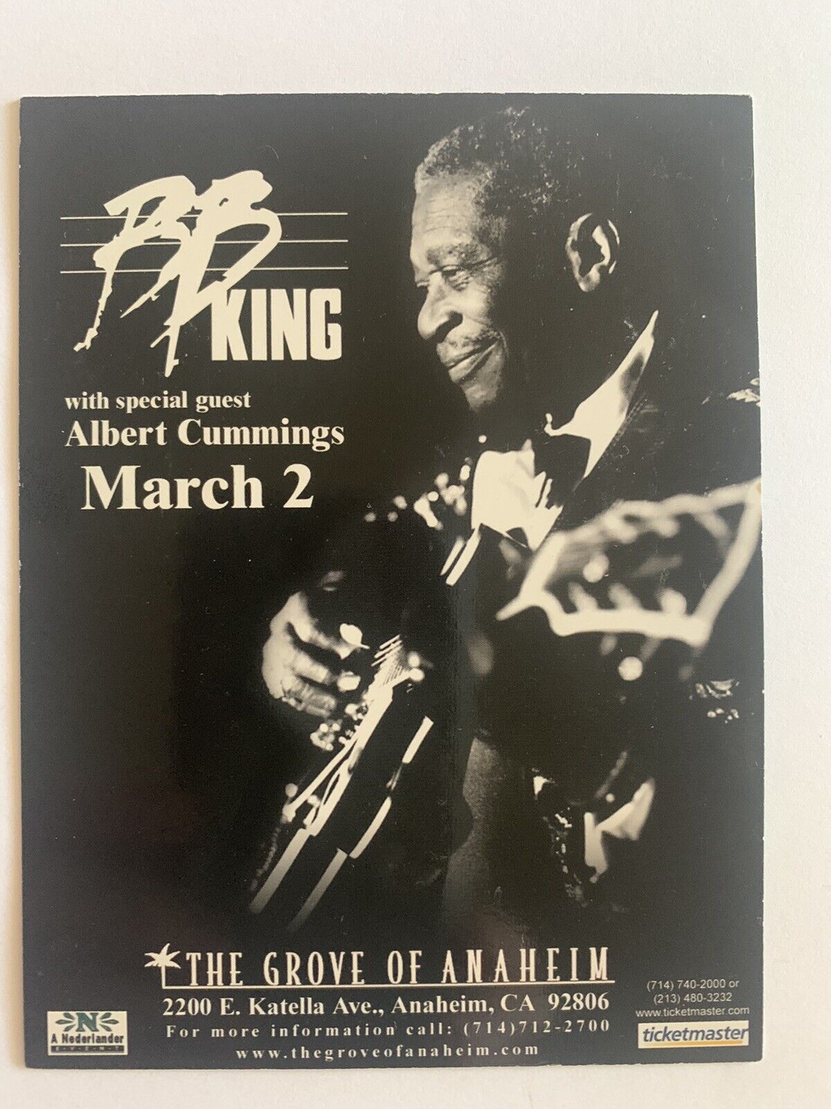 BB King Blues Guitar 4x5.5 Candid Promo Photo Poster painting Concert Postcard The Grove Anaheim