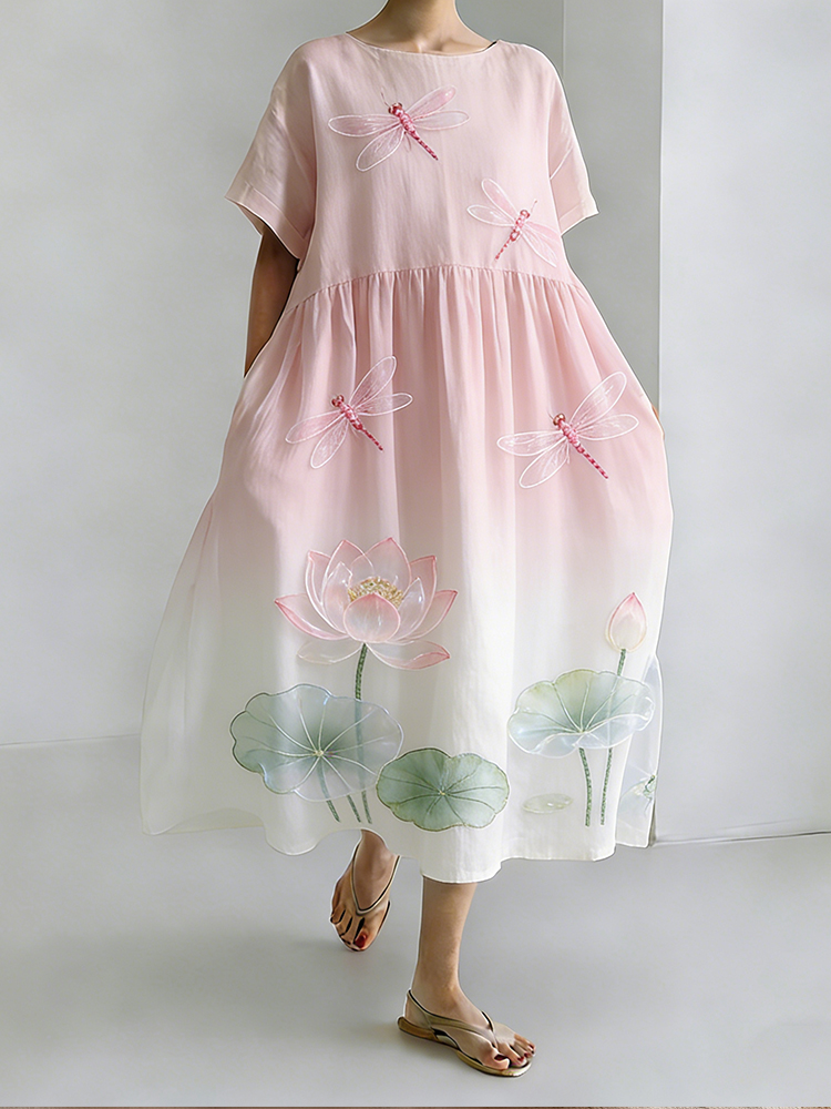 Comstylish Japanese Style Summer Lotus Dragonfly Embroidery Fresh Short Sleeve Dress