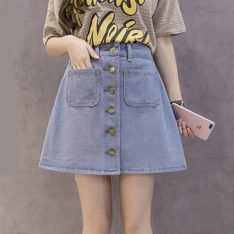 Zoki Vintage Women Denim Mini Skirt Summer High Waist A-line Korean Single Button Female Jeans Harajuku Cotton Street Wear 2020