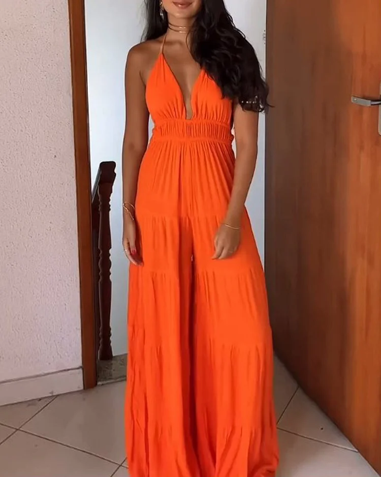 Sleeveless solid color casual jumpsuit