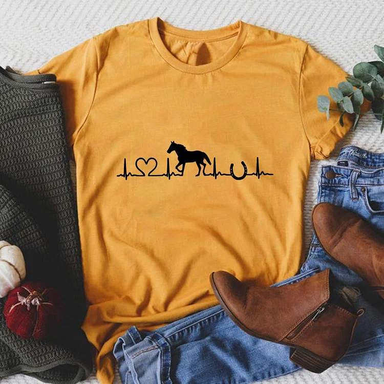 Horse Heartbeat Round Neck T-shirt