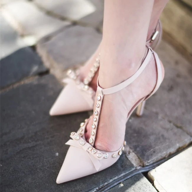 Blush Bow Rhinestones Stiletto Heel T Strap Pumps |FSJ Shoes