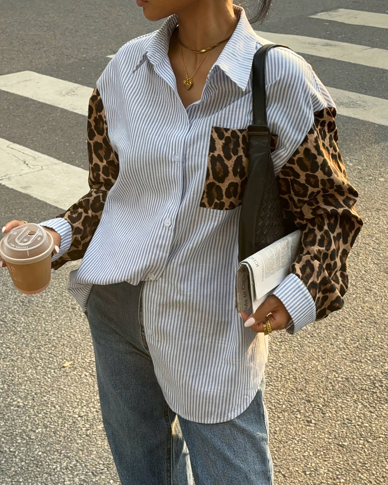 Striped Pattern Patchwork Leopard Print Chest Pocket Long Sleeve Shirt