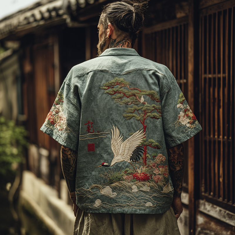 Men's Japanese Pine And Crane Embroidered Linen Shirt  artssus