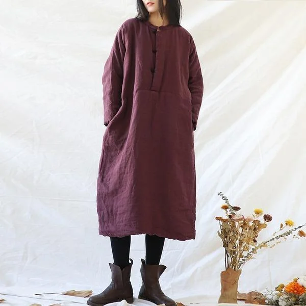 Women Vintage Linen Parkas Female Button Thick Pullover Parkas