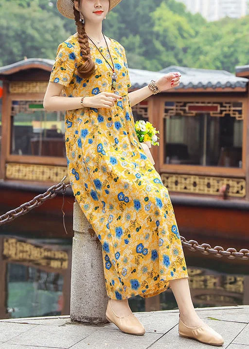 Bohemian Yellow O-Neck Print Cotton Dresses Short Sleeve
