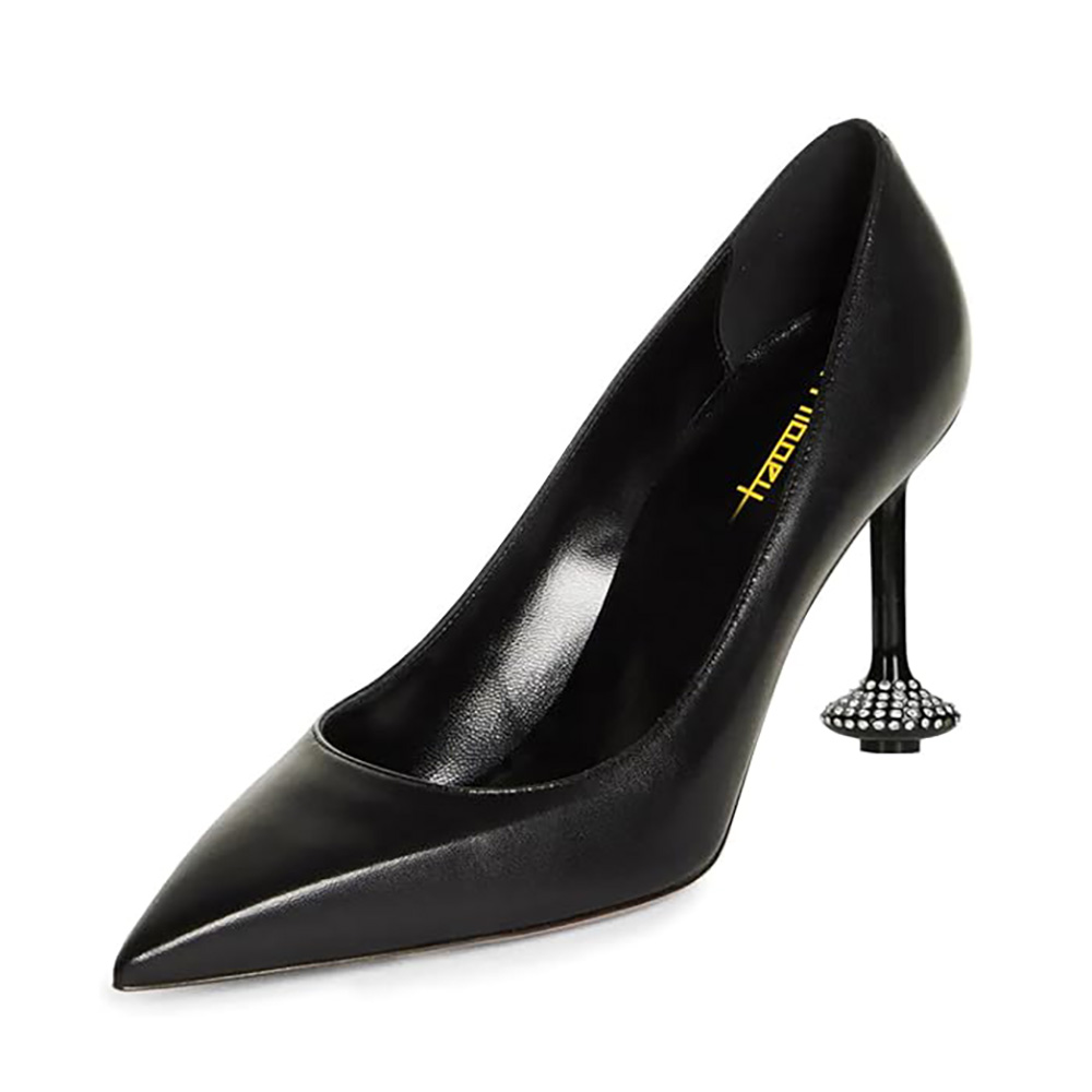 Black Slip-On Pointed Toe Rhinestone Decorative Heel Pumps for Women Nicepairs